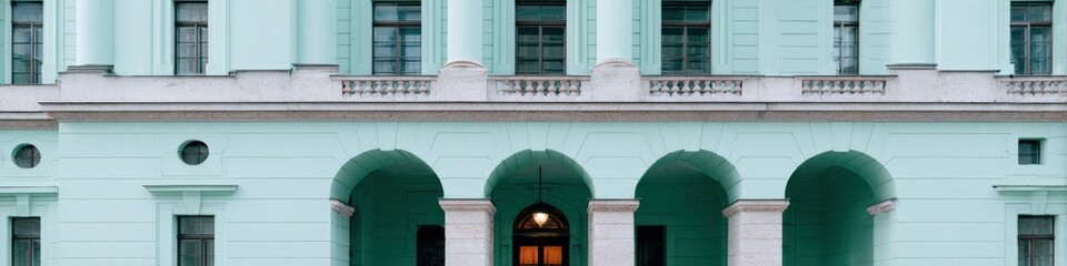 Naklejka premium Mint green neoclassical building facade with arched colonnade ornate columns pastel urban architecture exterior balcony windows symmetry