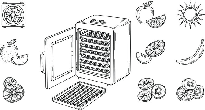 A line drawing of a food dehydrator with various fruits on transparent background
