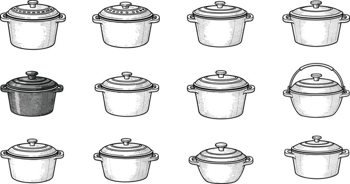 A collection of various pots with lids on transparent background