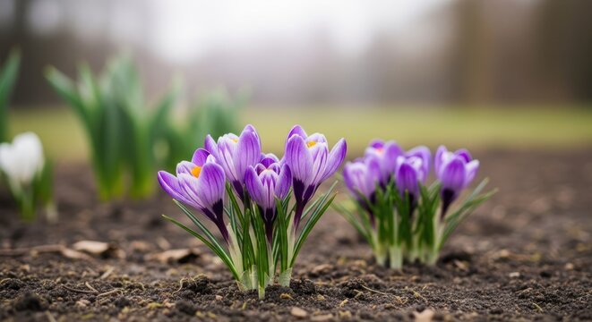 Purple Crocus Flowers Blooming in Spring Garden with Blurred Background.