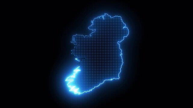 Futuristic Ireland Map Animation with Luminous Blue Neon Outline in Digital Technology Style on Transparent Alpha Channel Background Smooth Continuous Looping 4K Video