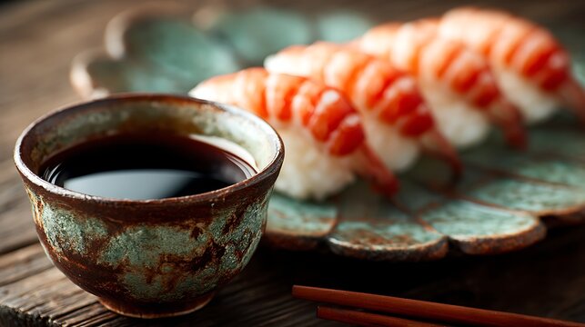 Delicious salmon sushi nigiri served with soy sauce in a rustic ceramic bowl on a wooden table
