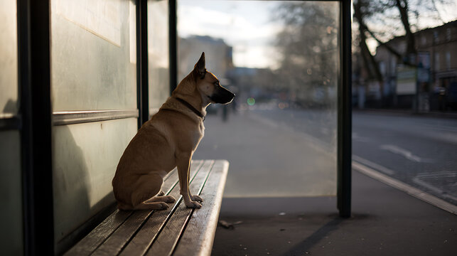 Loyal canine companion sits patiently on a wooden bench at a bus stop, gazing expectantly down a quiet street during golden hour, morning light