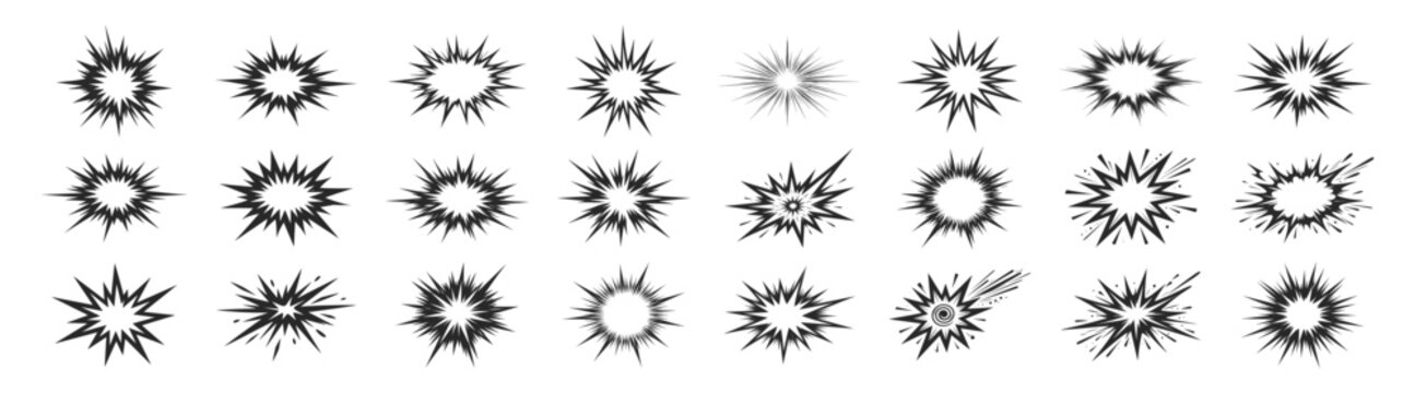Sunburst burst shapes set, starburst radial rays, comic flash explosion elements, vintage decorative light effects collection, vector illustration on transparent background