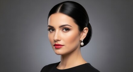 Naklejka premium Elegant Woman With Pearl Earring Red Lips Dark Hair