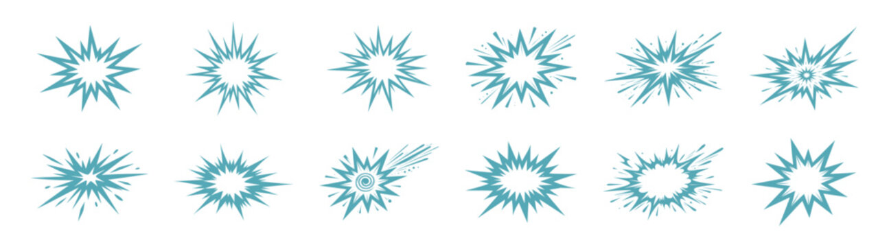 Comic sunburst burst shapes set, starburst explosion radial rays, pop art flash effects, decorative vector elements on transparent background