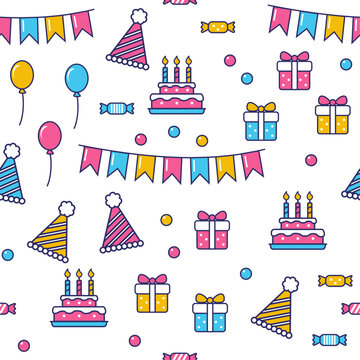 Colorful Happy Birthday Seamless Pattern set with Balloons, Gifts and Cake for Wrapping Paper, Textile and Stationery