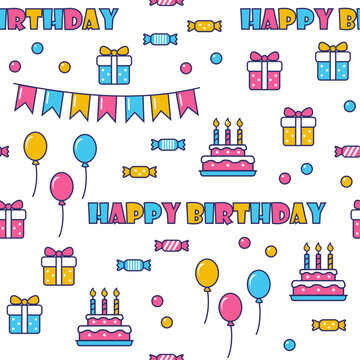 Colorful Happy Birthday Seamless Pattern with Balloons, Gifts and Cake for Wrapping Paper, Textile and Stationery
