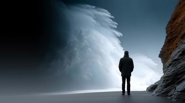 Man standing on sandy beach gazes at powerful ocean waves crashing against rocky cliff, showcasing dramatic coastal scenery and natural elements in motion