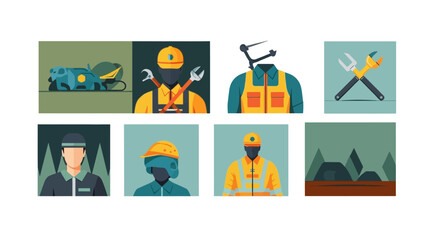 Fototapeta premium Flat Design Construction & Engineering Icons: Workforce, Tools, Safety Gear, and Industrial Equipment for Modern Trades.