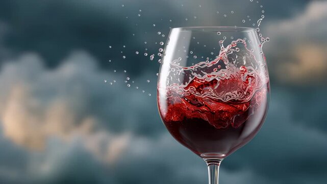 Glass of red wine with splashing liquid captured in three frames, showcasing the dynamic movement and fluidity against a dramatic cloudy background