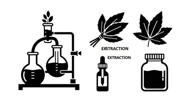 Set of icons illustrating extraction process, from laboratory equipment to natural plant ingredients and final product in a bottle