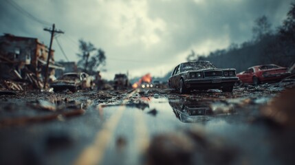 Fototapeta premium Abandoned automobiles on the derelict street after apocalyptic destruction