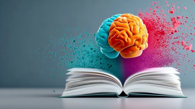Open book with colorful brain illustration emerging, showcasing a vibrant blend of orange and blue, surrounded by colorful splashes, symbolizing creativity and knowledge