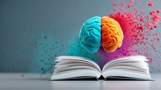 Colorful brain model in blue and orange emerging from an open book with vibrant splashes of color against a gray background, illustrating creativity and knowledge
