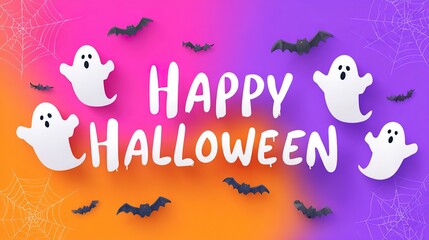 Fototapeta premium Happy Halloween banner with cute ghosts on purple background, festive spooky celebration, playful seasonal design, Halloween holiday spirit.