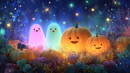 Fototapeta premium Cute Halloween pattern with pumpkins and friendly ghosts on colorful background, playful seasonal design, festive celebration, Halloween.