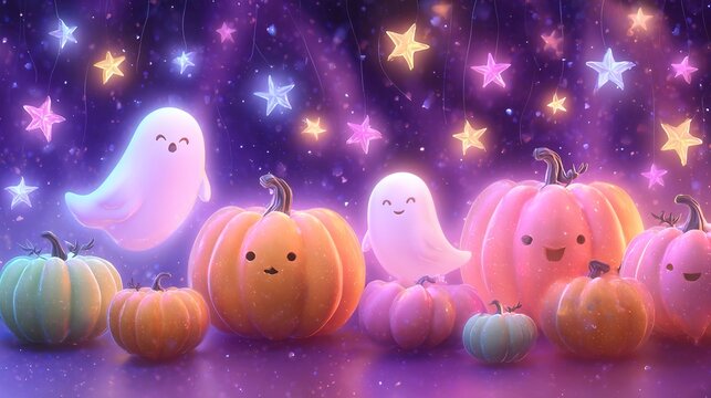 Cute Halloween pattern with pumpkins and friendly ghosts on colorful background, playful seasonal design, festive celebration, Halloween.