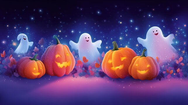 Cute Halloween pattern with pumpkins and friendly ghosts on colorful background, playful seasonal design, festive celebration, Halloween.