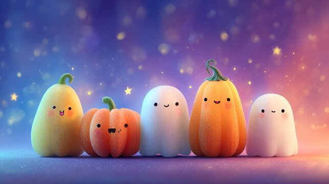 Cute Halloween pattern with pumpkins and friendly ghosts on colorful background, playful seasonal design, festive celebration, Halloween.