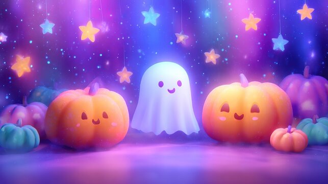 Cute Halloween pattern with pumpkins and friendly ghosts on colorful background, playful seasonal design, festive celebration, Halloween.