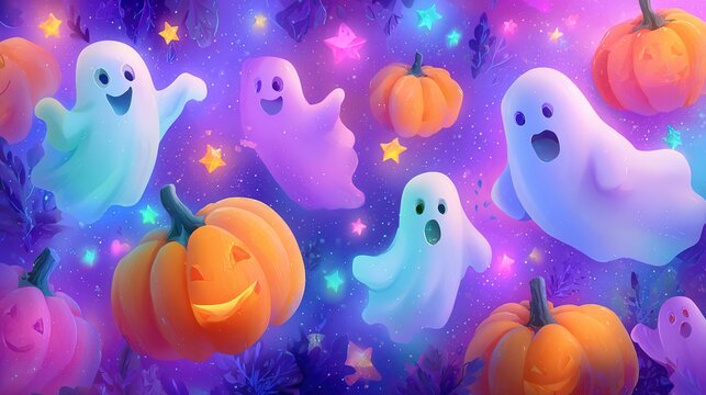 Cute Halloween pattern with pumpkins and friendly ghosts on colorful background, playful seasonal design, festive celebration, Halloween.
