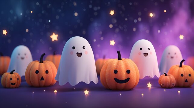 Cute Halloween pattern with pumpkins and friendly ghosts on colorful background, playful seasonal design, festive celebration, Halloween.