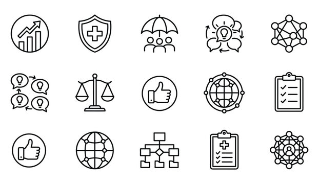 Concept icons for business, health, and global connections: growth chart, shield, umbrella, network, scales of justice, thumbs up, clipboard, world globe, molecules