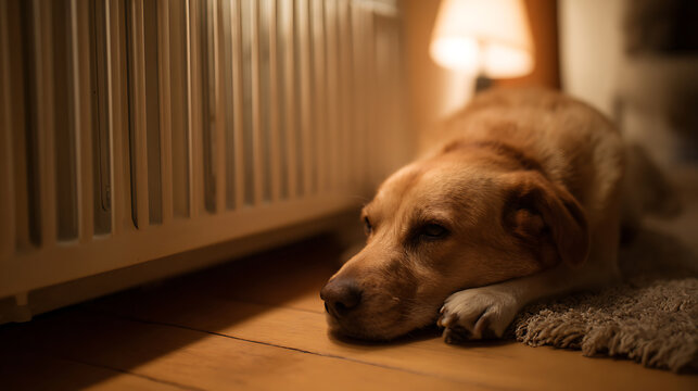 Golden Retriever Dog Relax Near Radiator Heater at Home, Warm Light, Cozy Interior Scene, Peaceful Pet Resting on Wood Floor in Winter