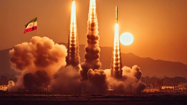 Rocket launch in Iran at sunset with multiple stages and smoke in the air