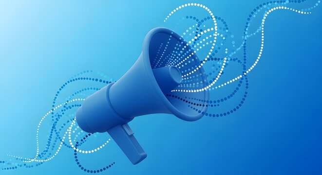 A blue megaphone with white and blue dots on a blue background