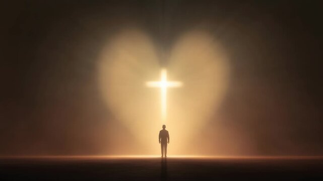 Love for God shines through heart-shaped light around cross in sunset scene
