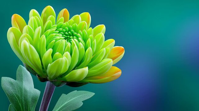 Green chrysanthemum flower with vibrant yellow and orange tips gradually opens, showcasing intricate petal details against a soft blue-green background