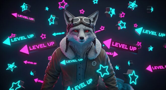 Anthropomorphic fox in goggles and aviator jacket with level up icons