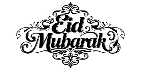 Eid Mubarak elegant black typography on white background. Minimalist greeting for Eid al-Fitr and Eid al-Adha. Islamic holiday celebration text. Traditional Muslim religious greeting banner. © Juairia