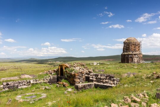 Ancient Ani Ruins with Scaffolding Tower, Kars Turkey