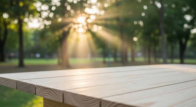 A close up of a light wooden picnic table surface in a park with sunset rays through the trees