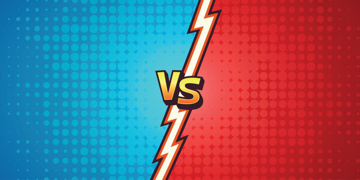 Comic Versus Vector Background. Versus Battle Screen. Versus vs Arena Split. Blue Red Halftone Divider. Game Competition Banner Template, Dynamic Fighting Poster Backdrop