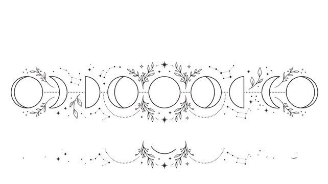 Decorative line art illustration showcasing the lunar cycle through various moon phases, accented with celestial and botanical motifs, including a complementary lower border design, ideal for.