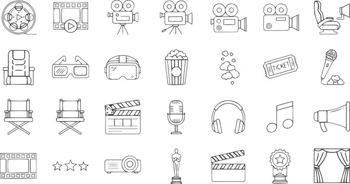 Cinema and Movie Production Vector Line Icon Set