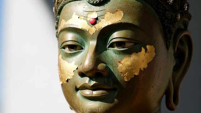 Closeup of a weathered buddha head with gold leaf details and a red gemstone on its forehead