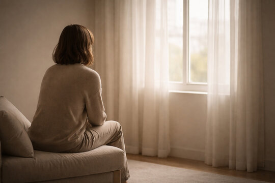 Person sits on a sofa and looks out the window at a view with soft light in a room during daytime