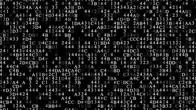 Digital Hexadecimal Code Stream On Black Background. White Alphanumeric Data Characters Scrolling And Changing In A High-contrast Cyber Matrix. Perfect For Technology, Cybersecurity, Programming, And 