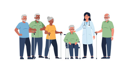 Fototapeta premium Elderly Healthcare and Support: Diverse Seniors with Doctor, Canes, and Wheelchair