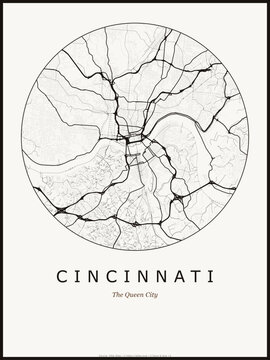 Cincinnati city map poster design. Street map art of Cincinnati United States. Black and white minimalist road network with downtown district for wall art home decor printable urban cartography.