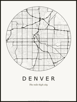 Denver city map poster design. Street map art of Denver United States. Black and white minimalist road network with downtown district for wall art home decor printable urban cartography. monochrome