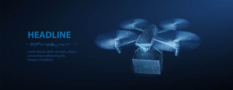 Glowing drone flying with motion trails on dark blue background. Aerial technology, UAV innovation, digital delivery, futuristic transportation, flight system, motion concept. 3D illustration