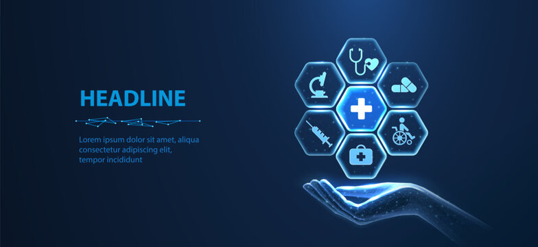 Glowing healthcare icons above hand on dark blue background. Medical technology, health service, digital innovation, hospital system, future medicine concept, futuristic care illustration. 3D illustra