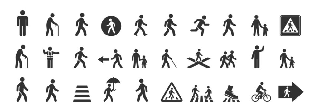 collection of pedestrian and walking icons and symbols in black silhouette style on transparent background