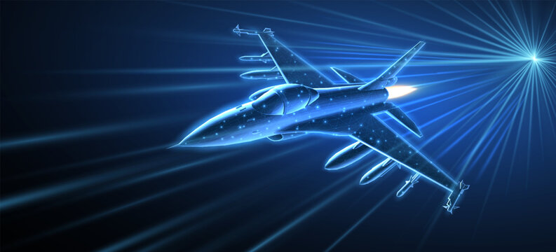 Futuristic fighter jet with glowing light trails on dark blue background. Aerospace technology, aviation speed, digital aircraft, modern warfare, flight innovation, motion concept. 3D illustration